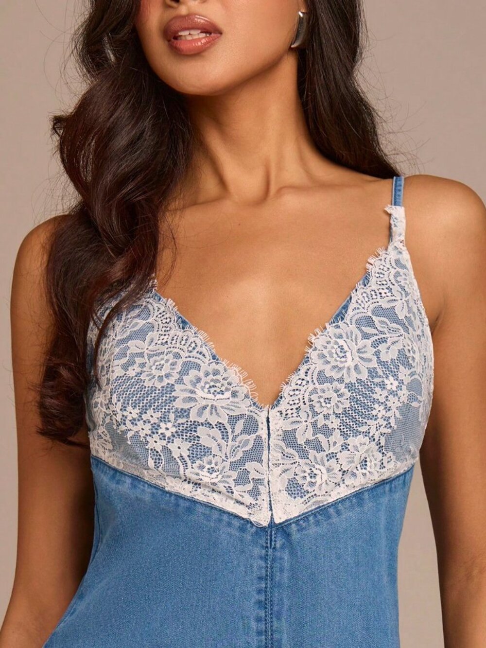 Blue Casual Women's lace detailed Denim midi Dress - Picture 2 of 6